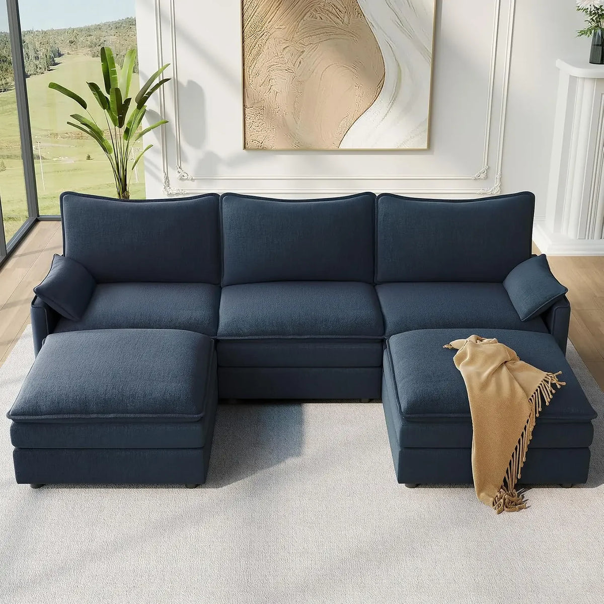Vellune Blue chenille modular sectional with two ottomans