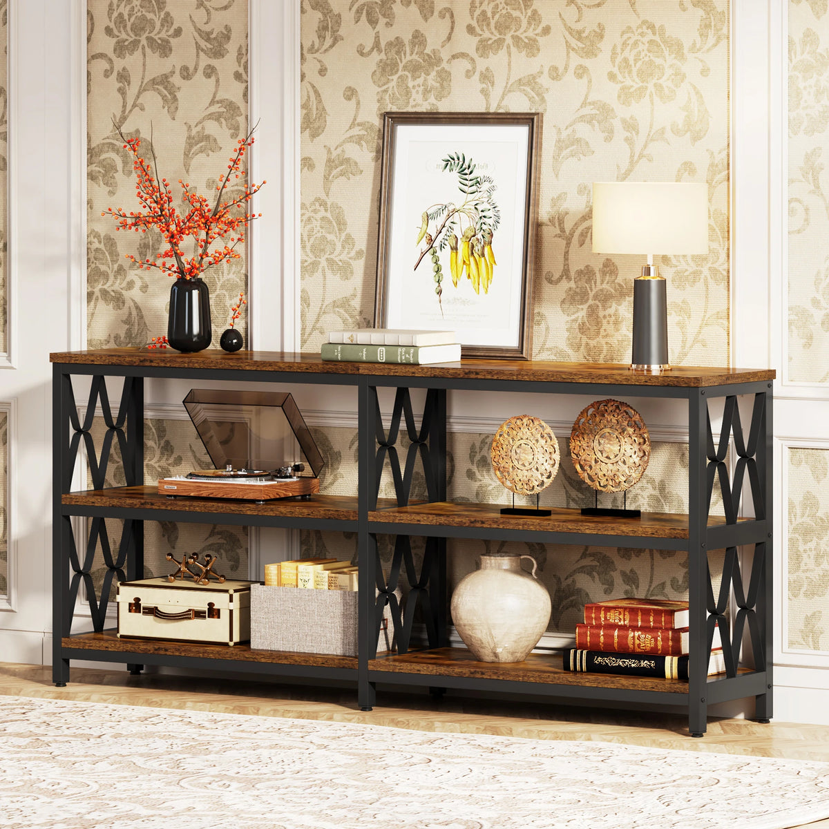 Balladcharm rustic three-tier table styled with lamps and decorative objects