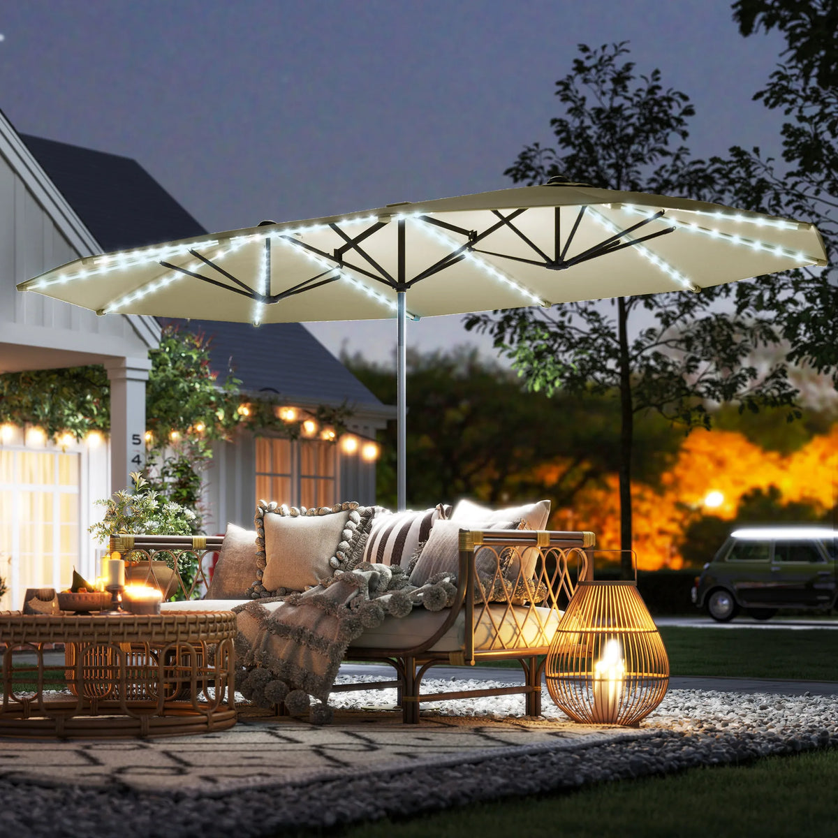 Lumaire 15' Solar LED Double-Sided Patio Umbrella – Cream