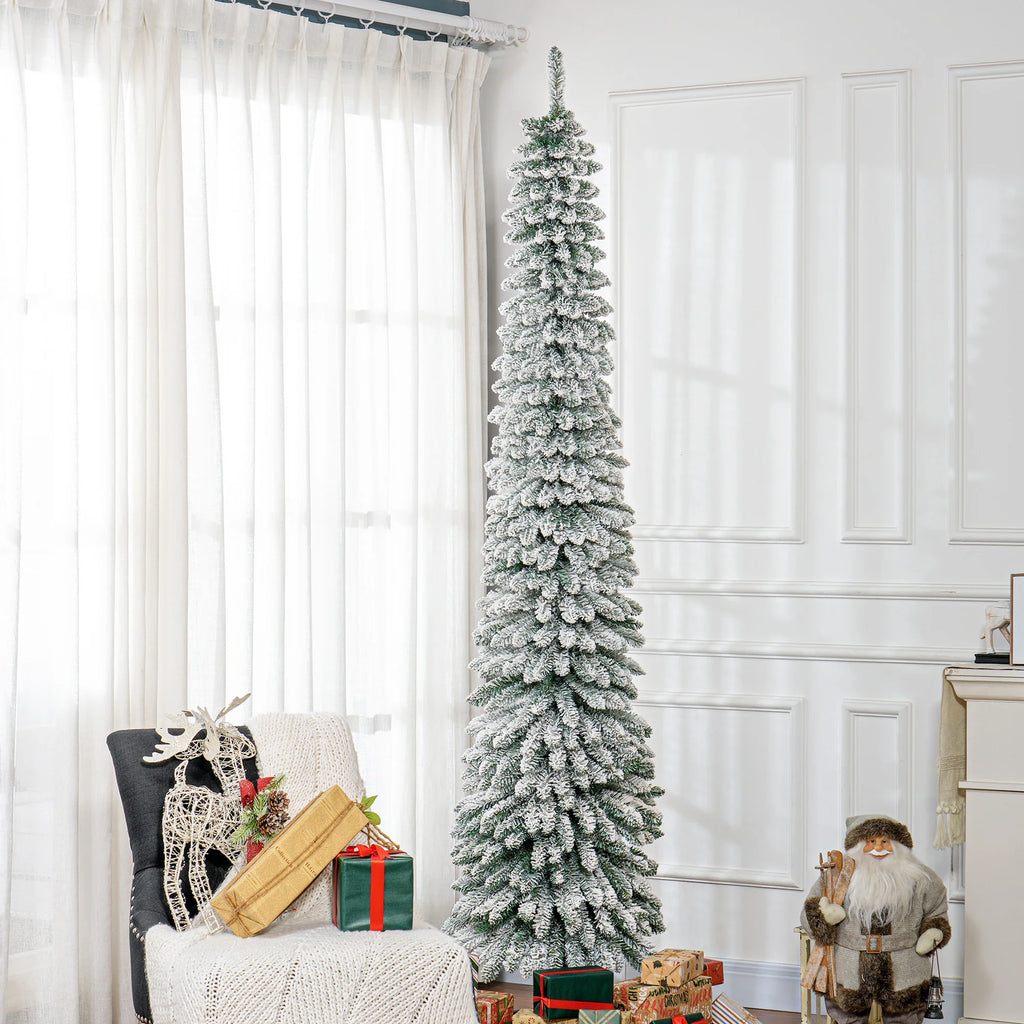 Frostneedle flocked pencil Christmas tree displayed in an indoor holiday setting