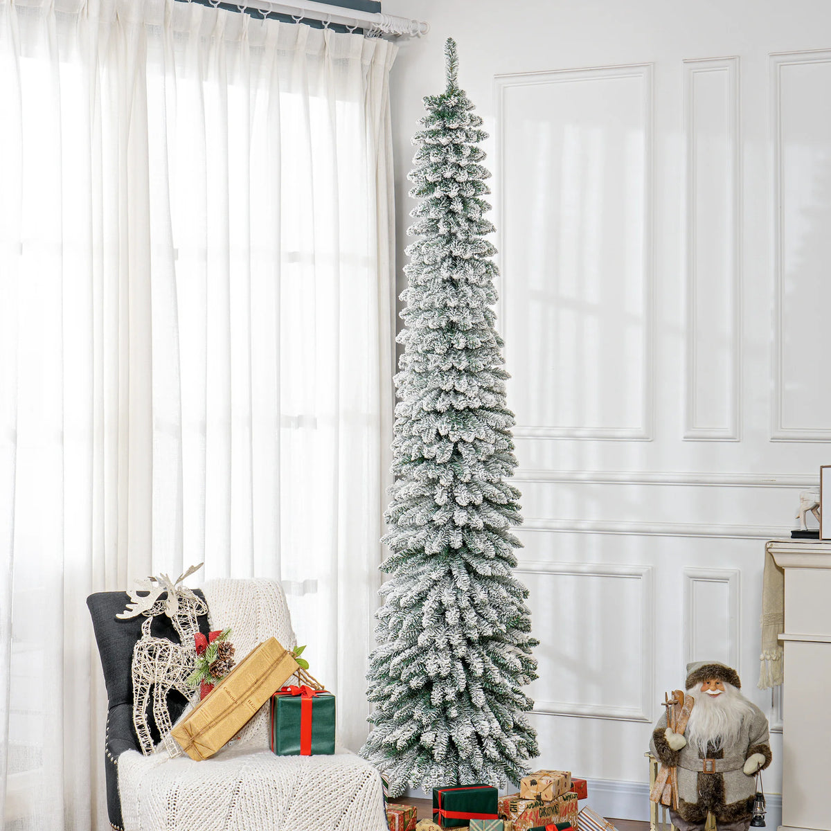Frostneedle flocked pencil Christmas tree displayed in an indoor holiday setting