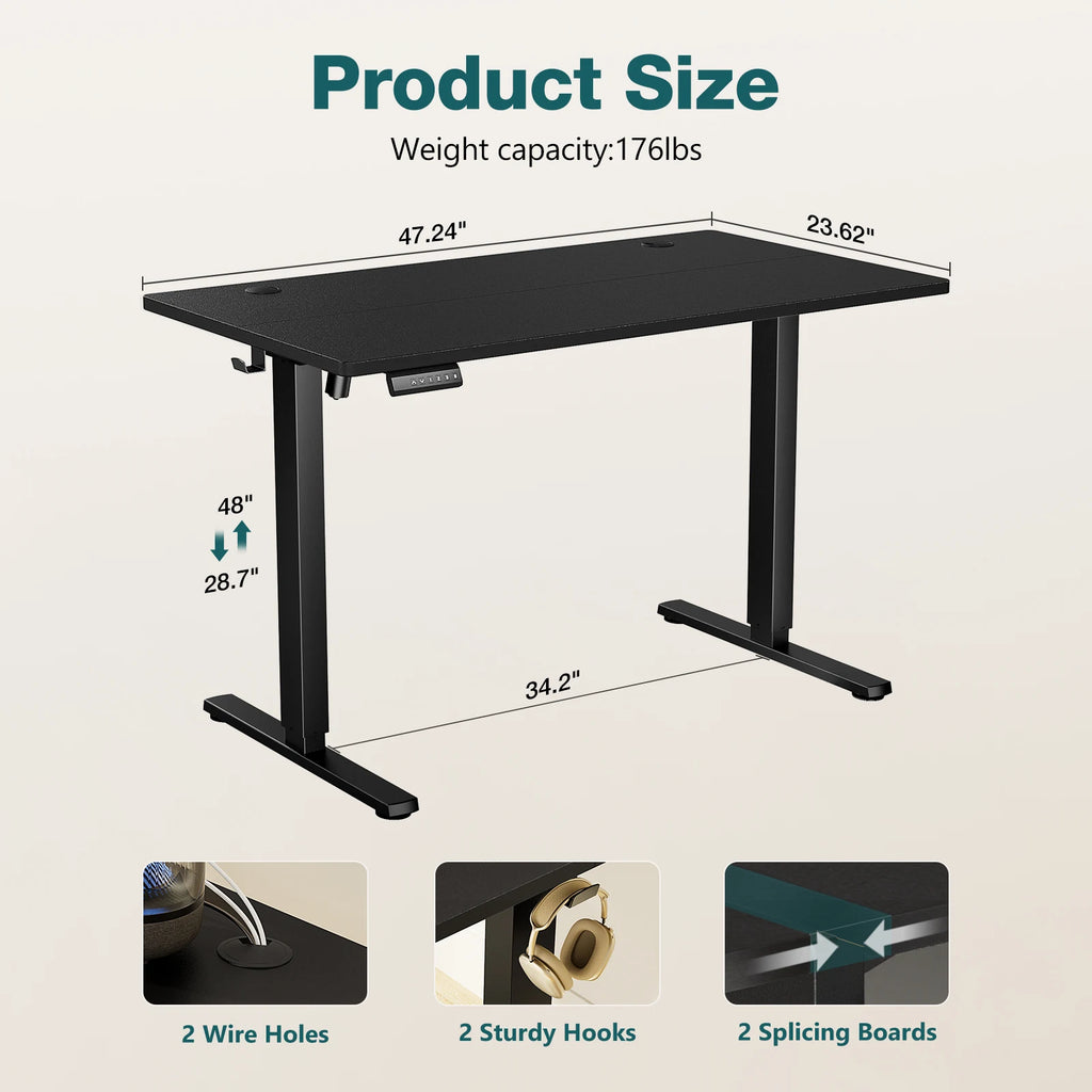 Black desk with measurements and features on a beige background