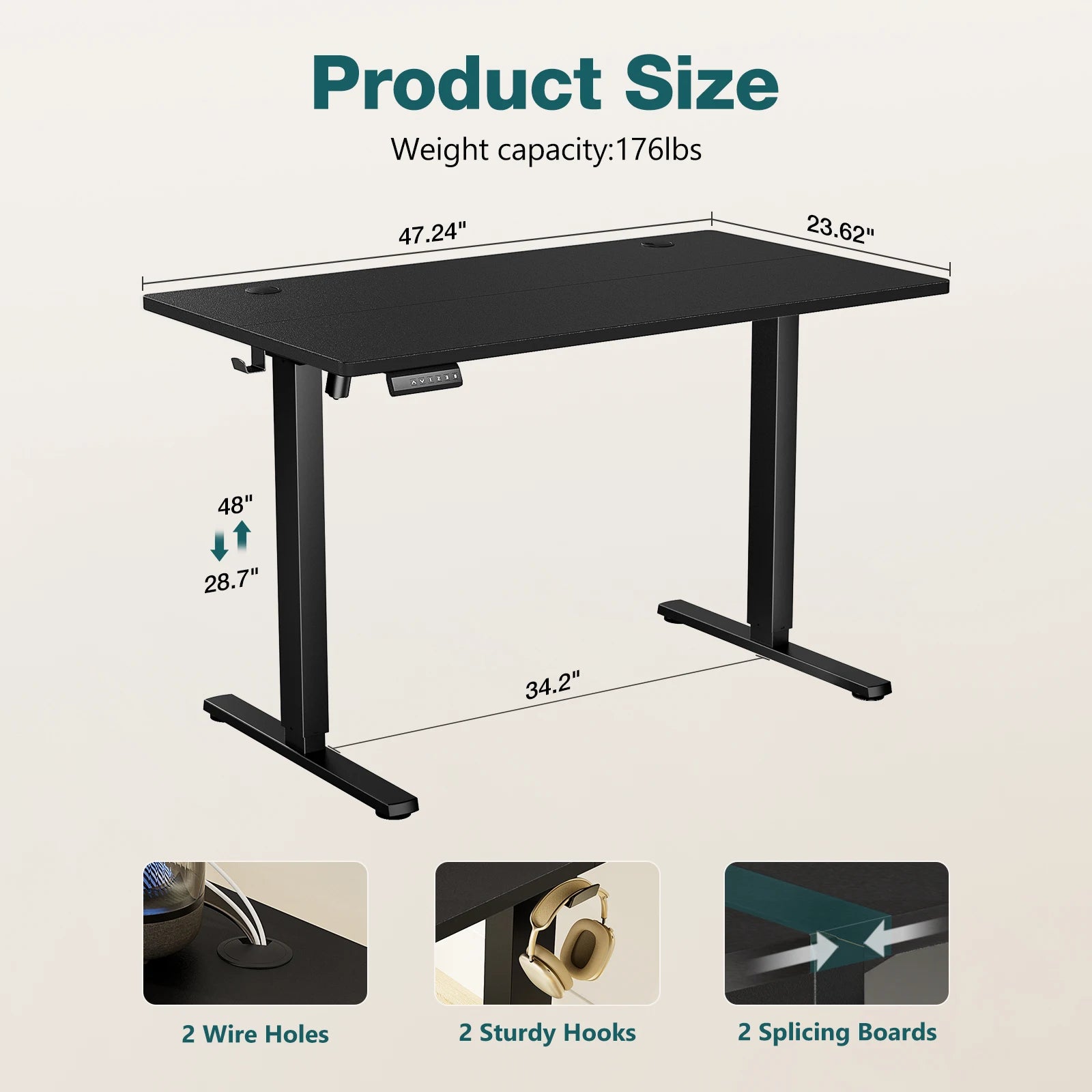 Black desk with measurements and features on a beige background