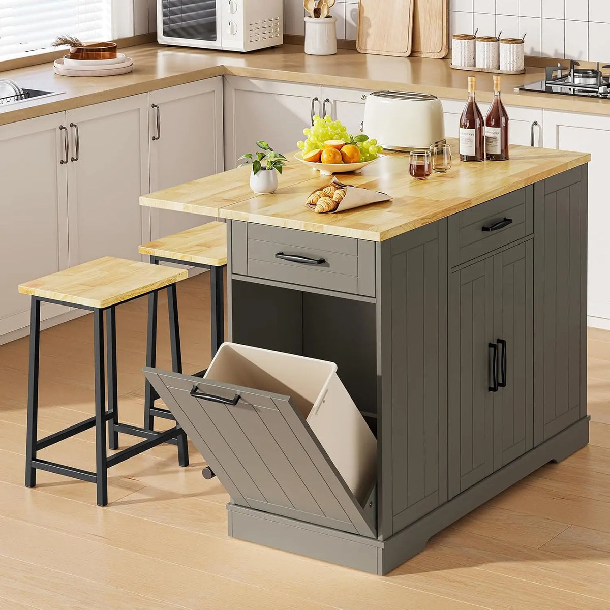 Sablecharm dark grey island with open tilt-out trash compartment and two stools