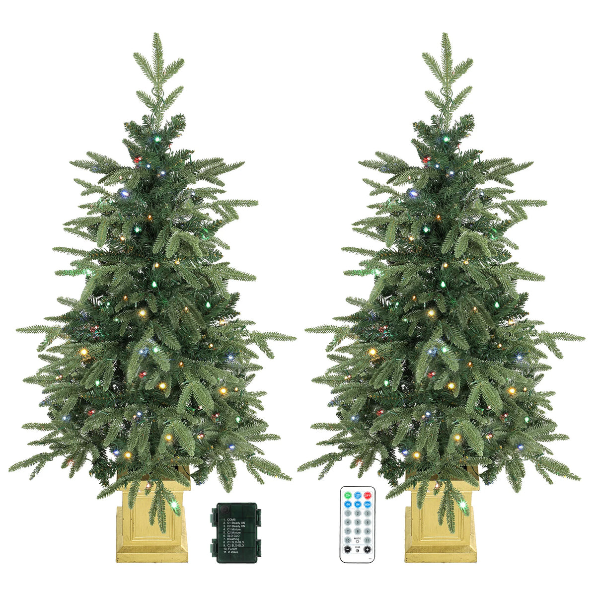 Aspenglow set of two pre-lit entryway Christmas trees in gold-tone pots