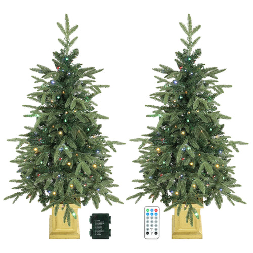 Aspenglow set of two pre-lit entryway Christmas trees in gold-tone pots