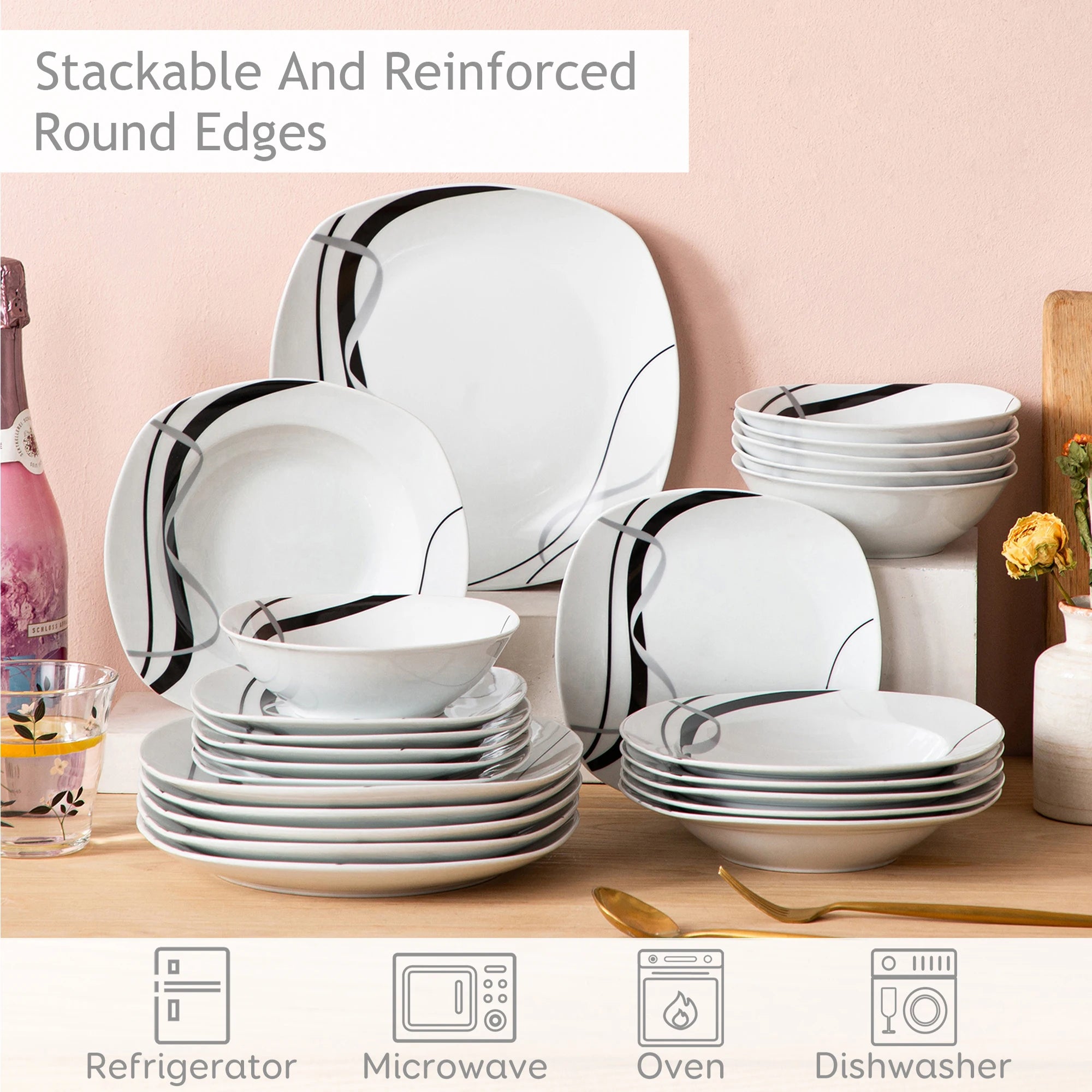 VEWEET Fiona Porcelain Dinnerware Set – 18/36 Pieces, Gray & Black Lines