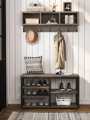 Grey Coat Rack Shoe Bench Set