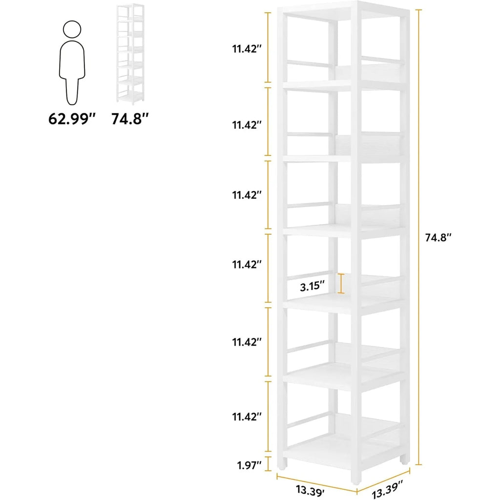 White bookshelf with dimensions indicated on a white background
