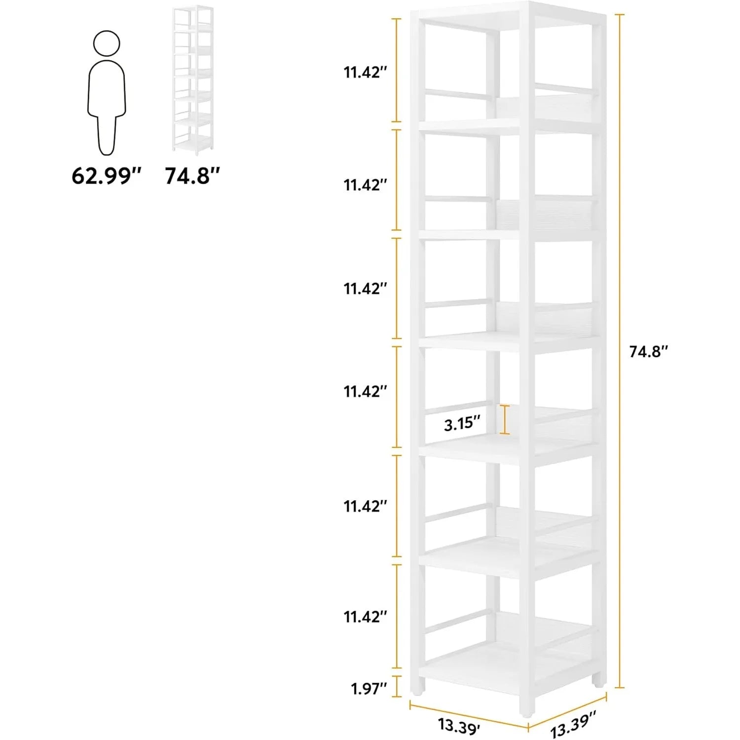White bookshelf with dimensions indicated on a white background