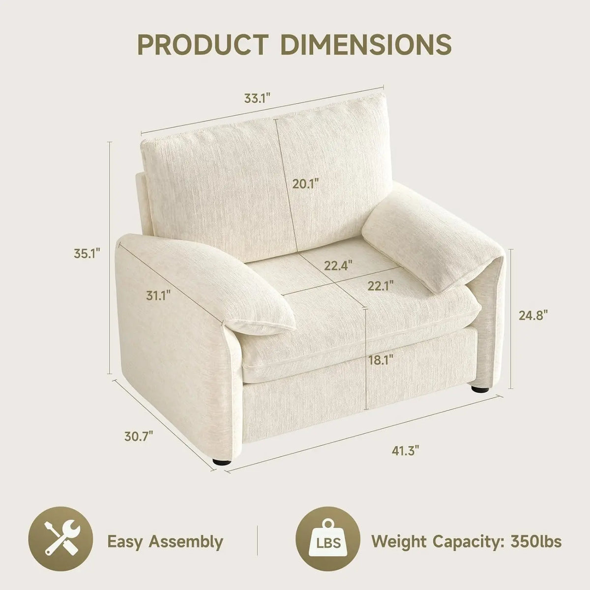 Wondernote chair dimension diagram showing 41.3-inch width, 30.7-inch depth and 35.1-inch full height