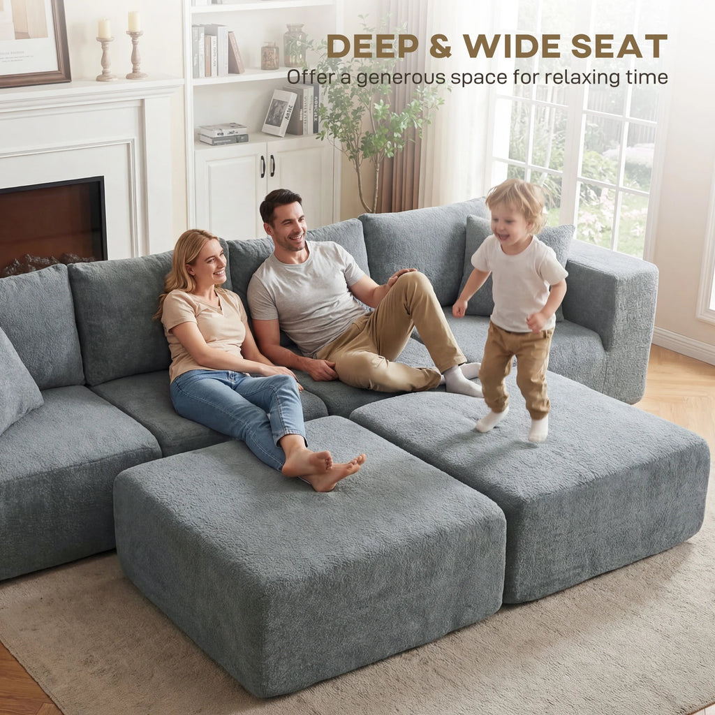 Valegrove deep-seat lifestyle graphic with a family and two ottomans