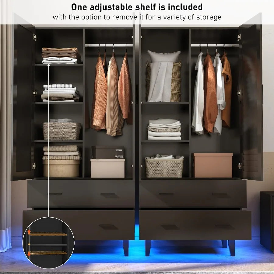 Side-by-side open wardrobe views demonstrating the adjustable shelf and hanging storage above two drawers per cabinet.