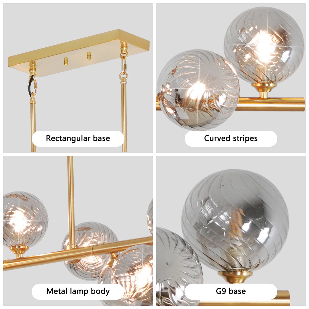 Orbstem eleven-globe linear chandelier above a dining table.