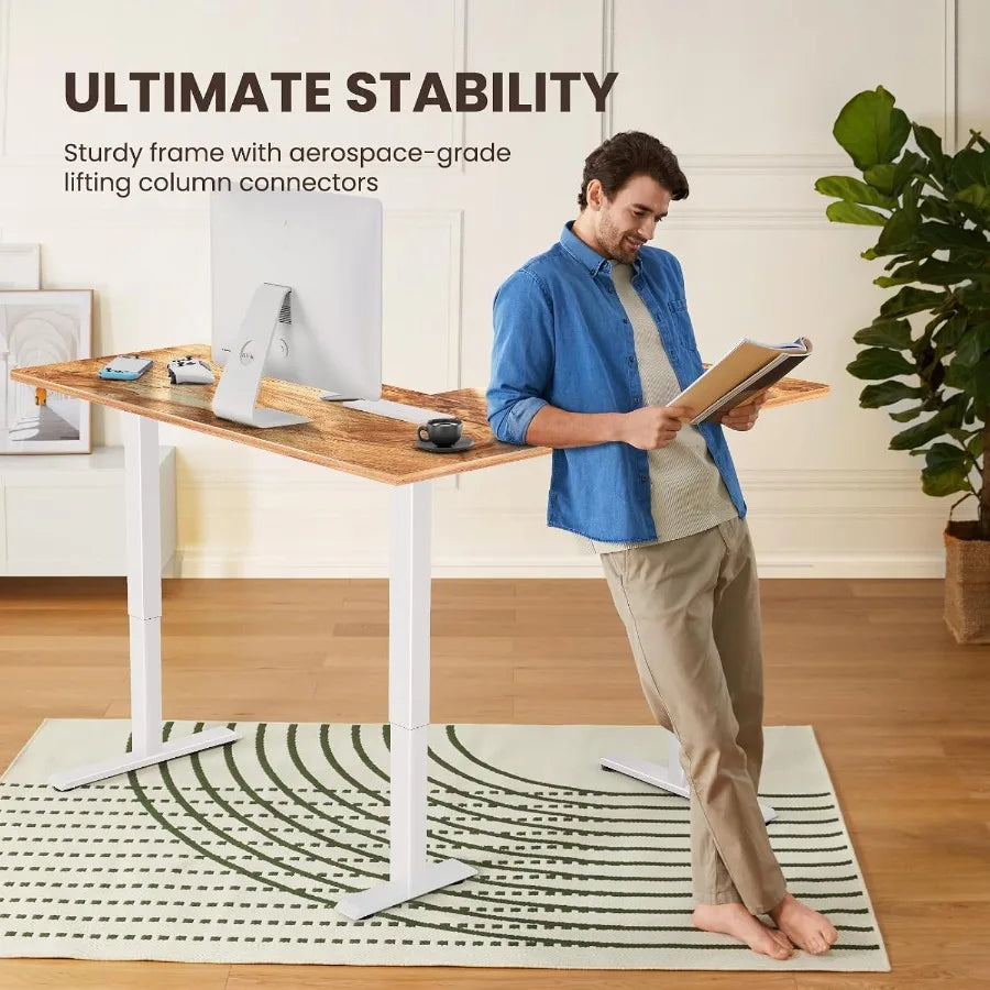 Room scene with the L-shaped desk raised on white lifting columns.