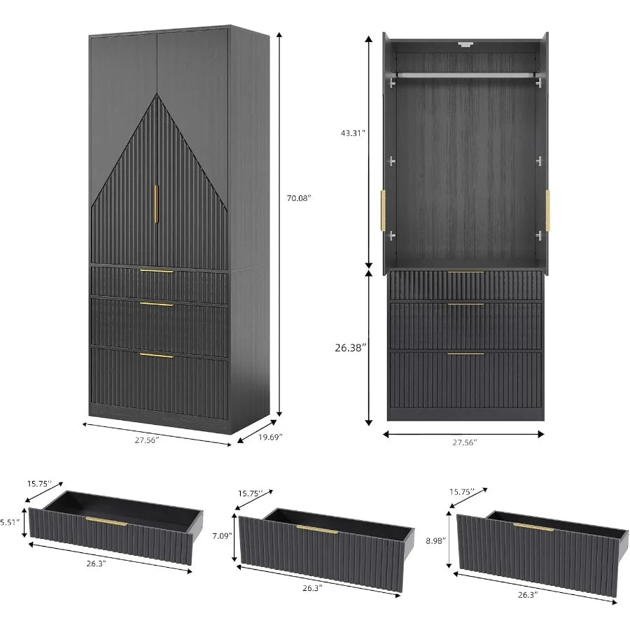 Black wardrobe dimensions showing 27.56-inch width, 19.69-inch depth and 70.08-inch height