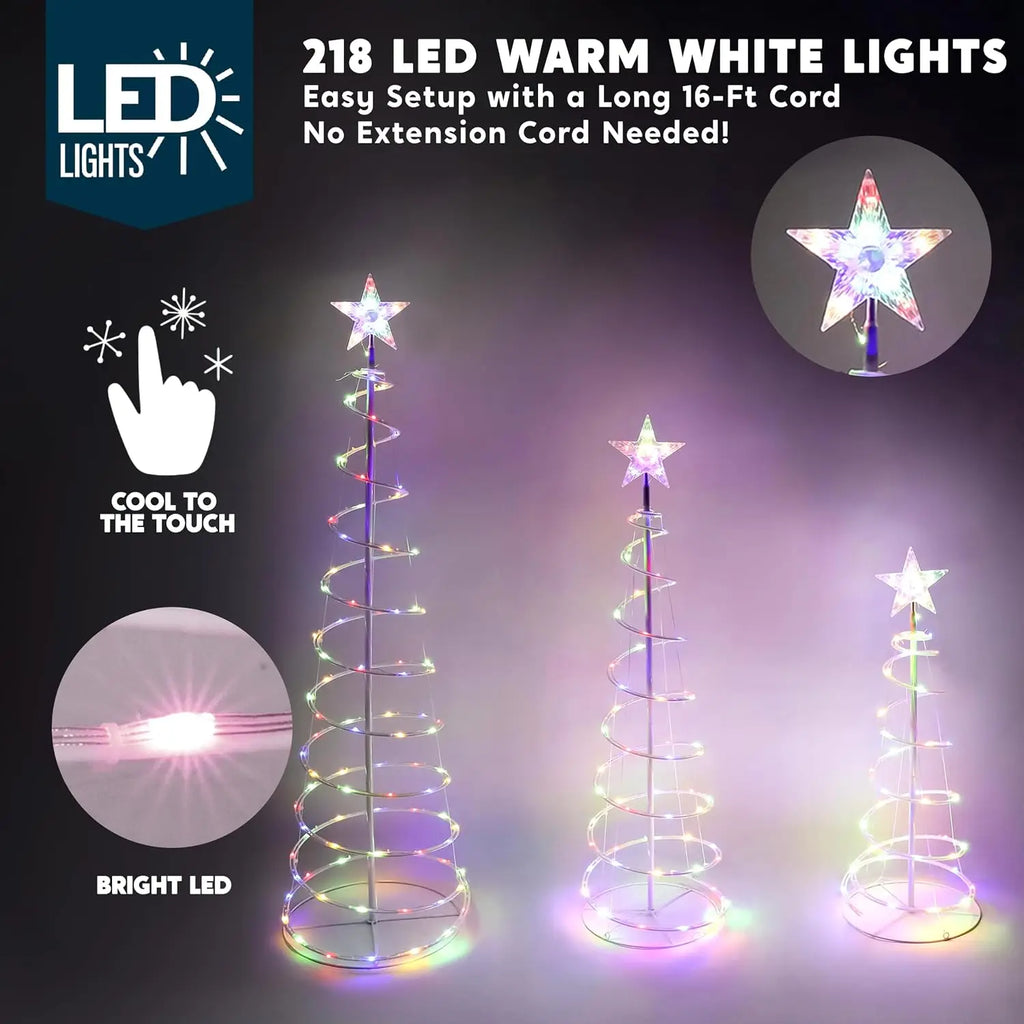 Spiravelle multicolor spiral tree trio with close-ups of the illuminated star and LED strand