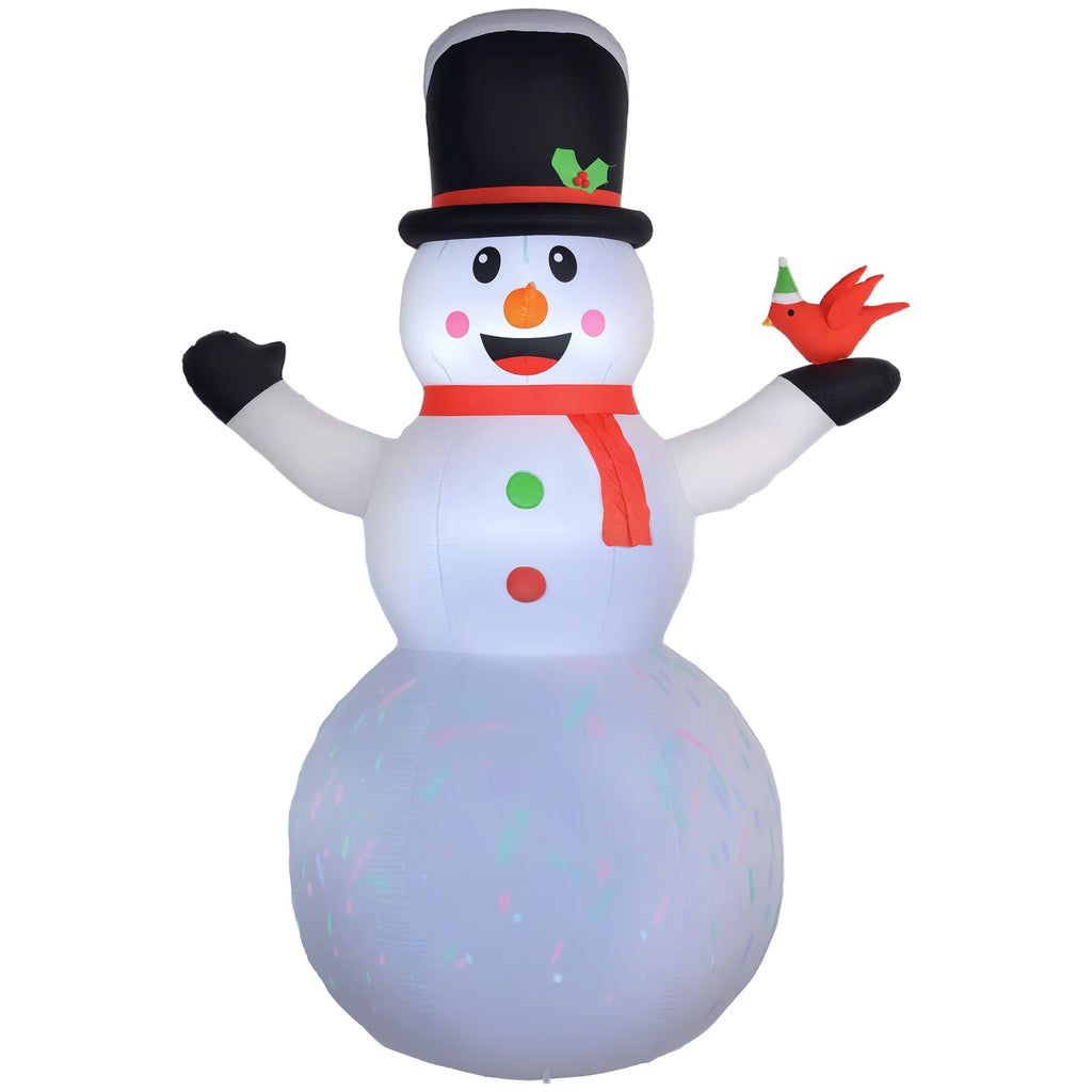 Frosttower snowman inflatable with a black top hat, red scarf, and red bird on one mitten
