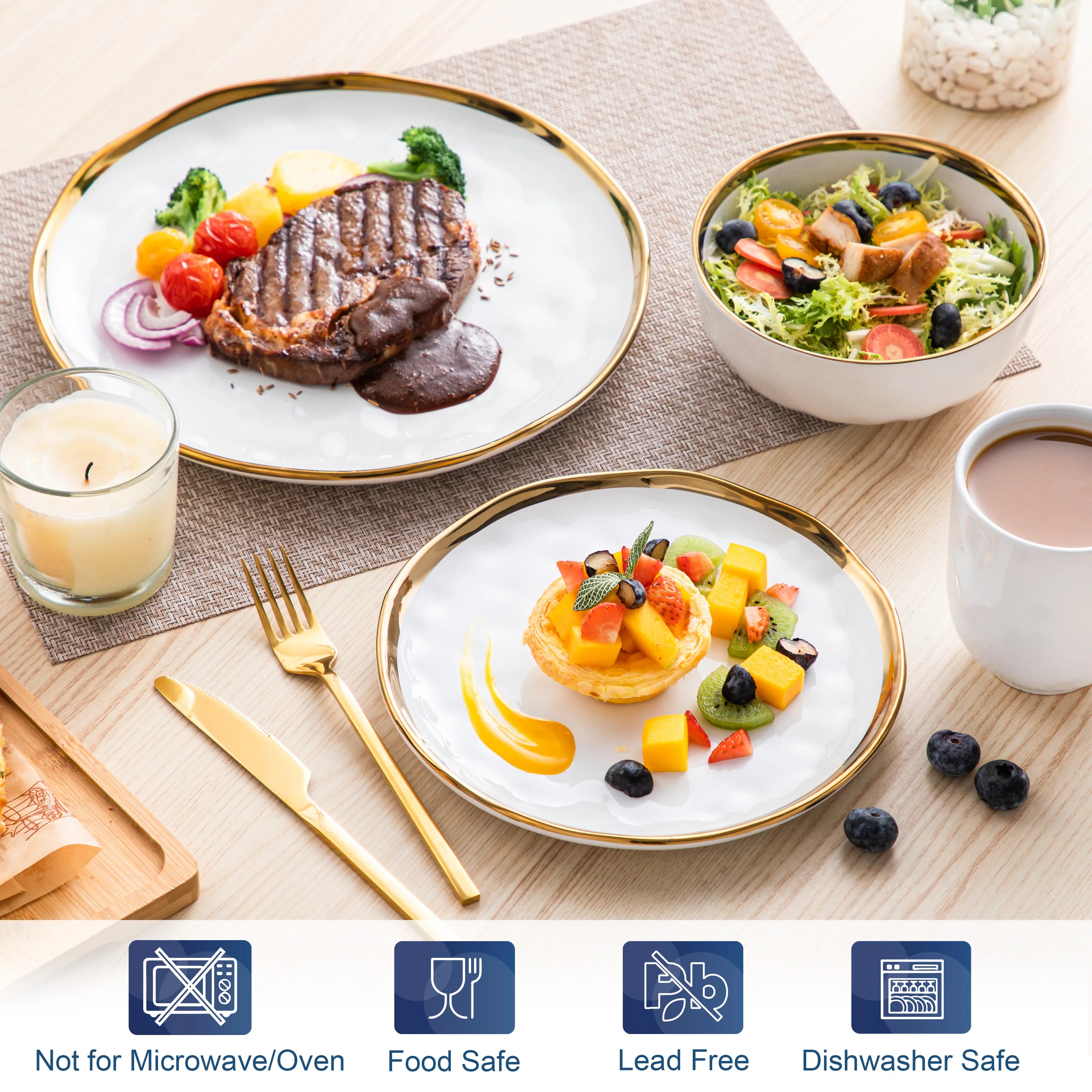 LOVECASA Gold Trim Hammered Dinnerware
