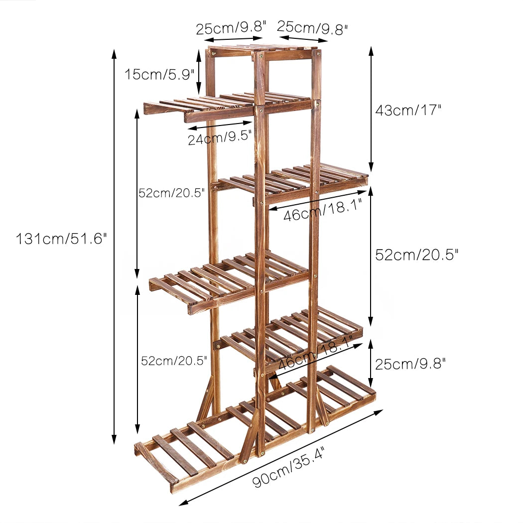 Wooden plant stand with dimensions labeled on a white background
