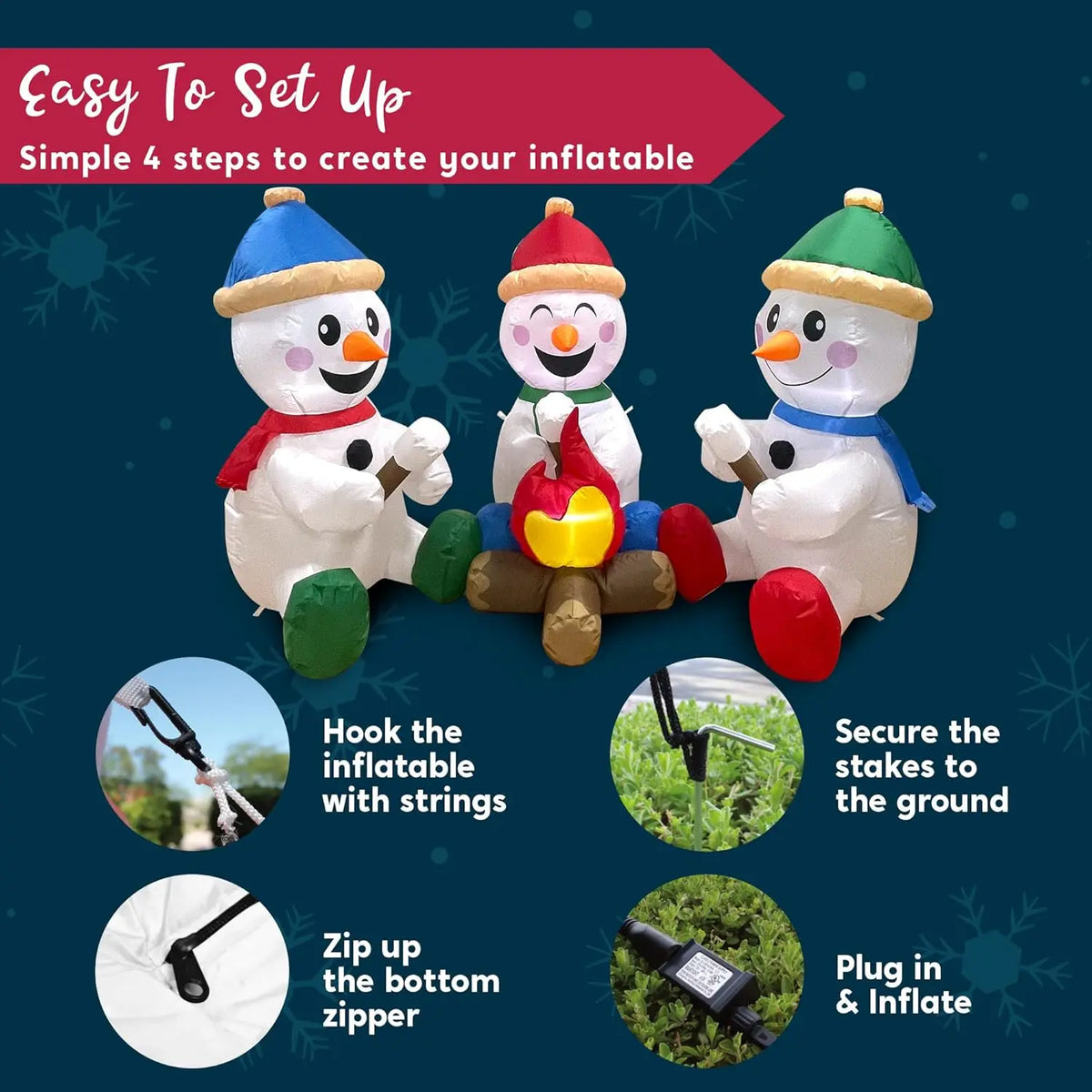 Snowmingle campfire setup instructions showing tethers, ground stakes, zipper closure and plug-in inflation.