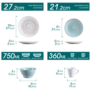 VANCASSO VINE Embossed Stoneware Dinnerware Set – 16/32/48 Pieces, Beige & Blue-Green