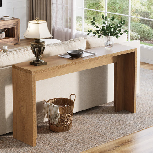 Amberrise farmhouse console table styled behind cream sofa in living room