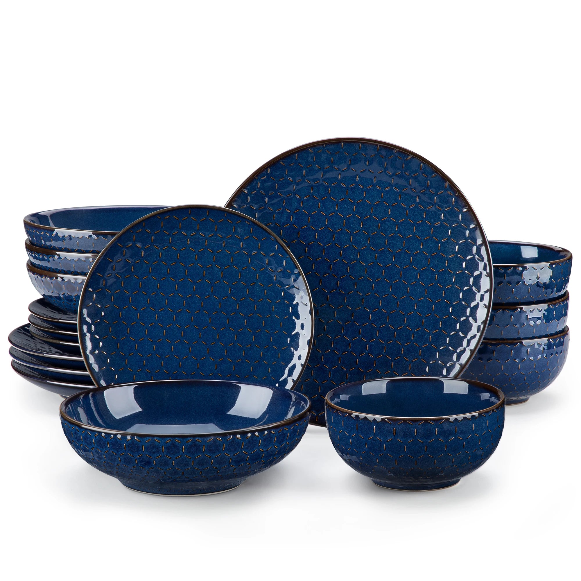 Set of blue ceramic dinnerware with textured surface on a white background