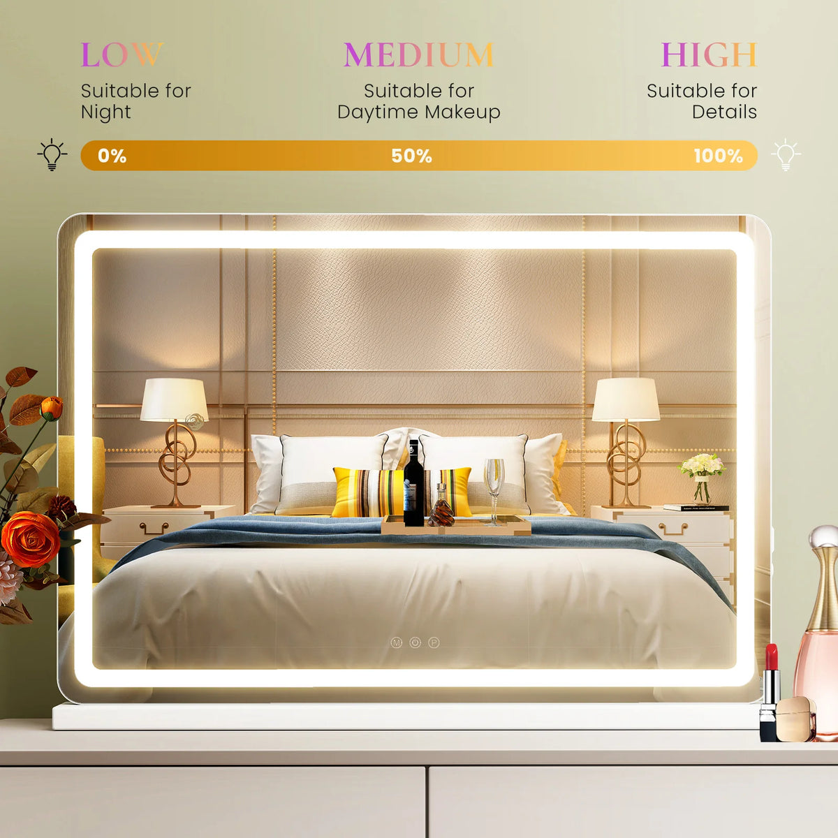 LED light bar with settings for different lighting conditions in a bedroom setting.