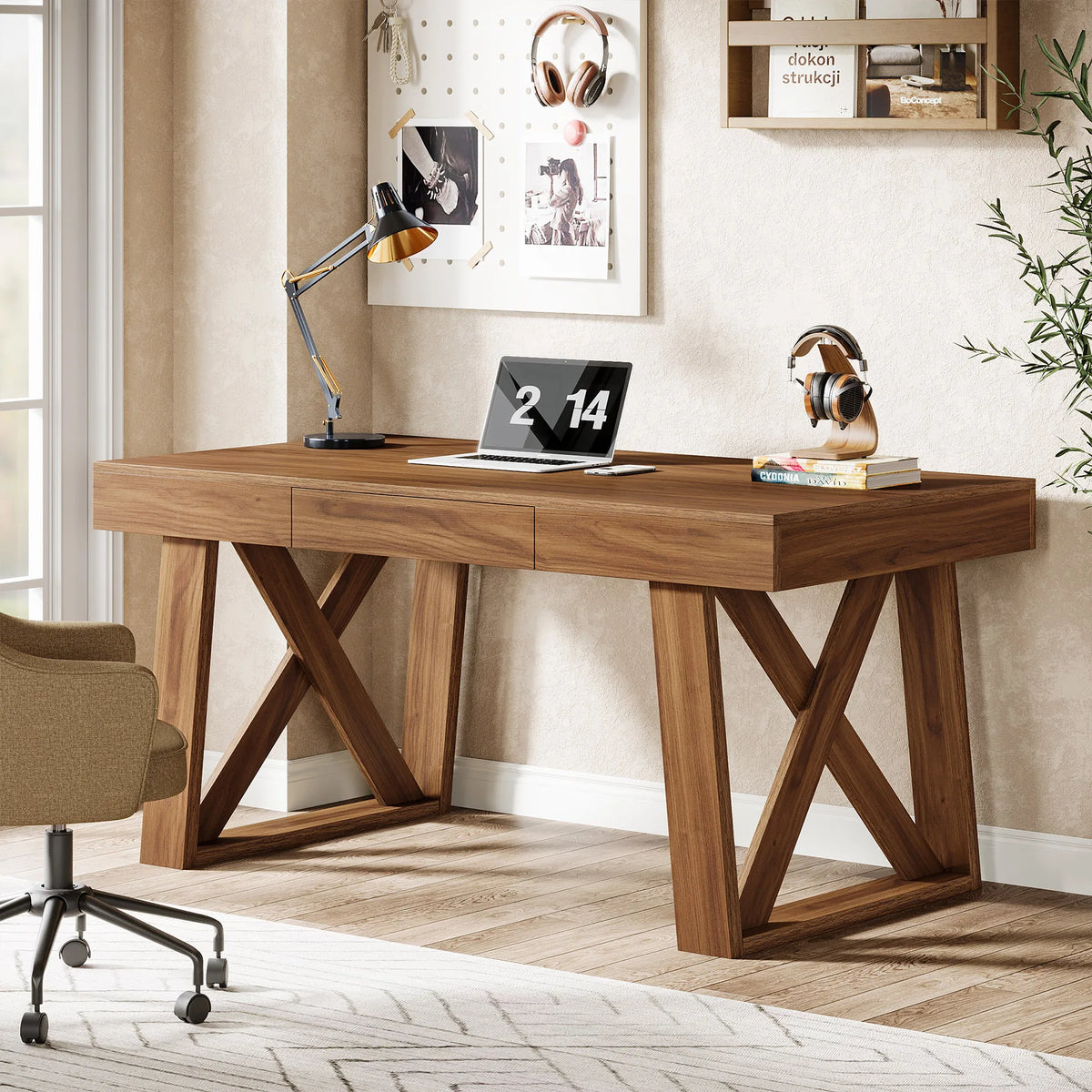 Irisarc brown wood-grain desk with one drawer and X-braced side legs