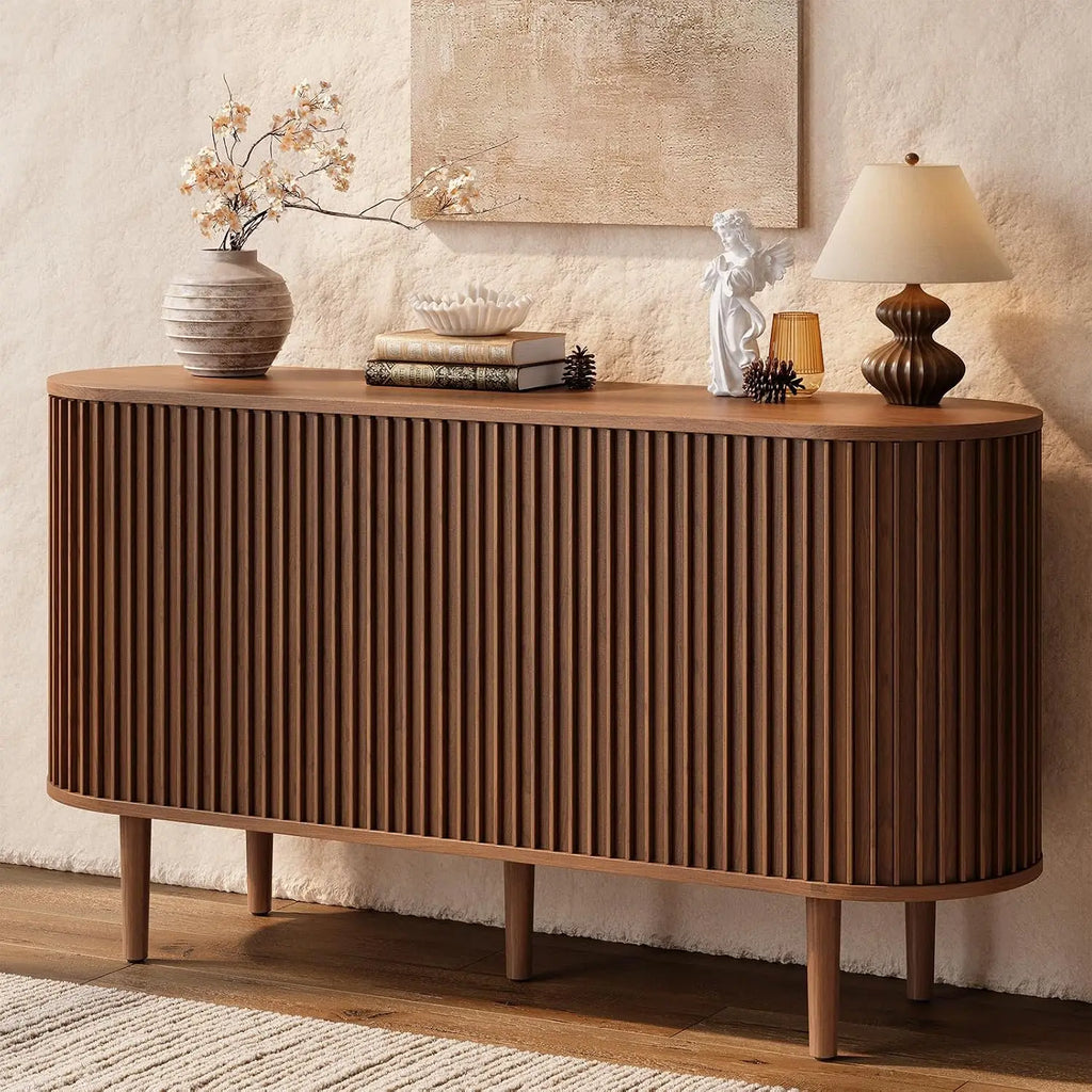 Liltcrest walnut-look sideboard with curved ends, fluted sliding doors and five tapered legs
