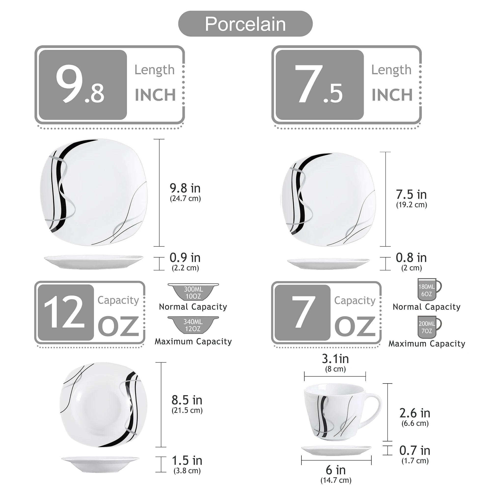 VEWEET Fiona Porcelain Dinnerware Set – 30/60 Pieces, Gray & Black Lines