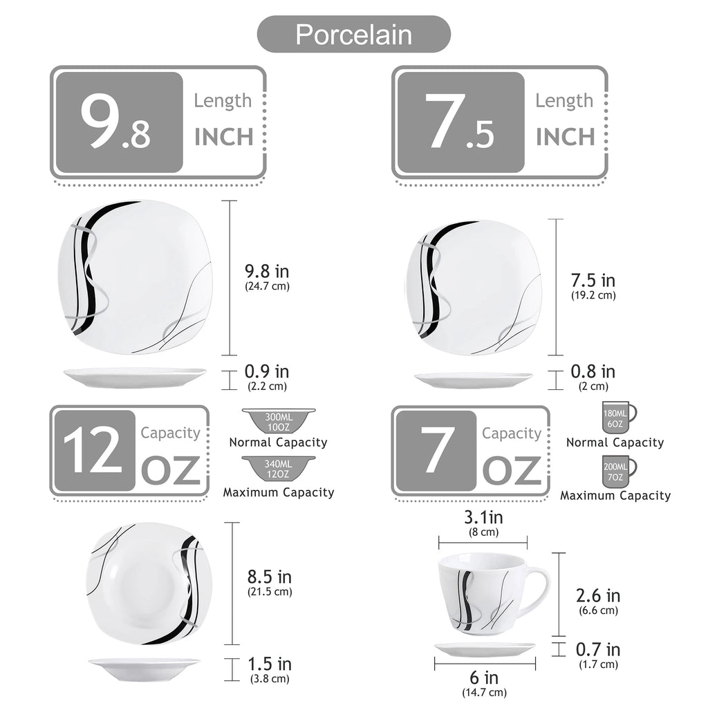 VEWEET Fiona Porcelain Dinnerware Set – 30/60 Pieces, Gray & Black Lines