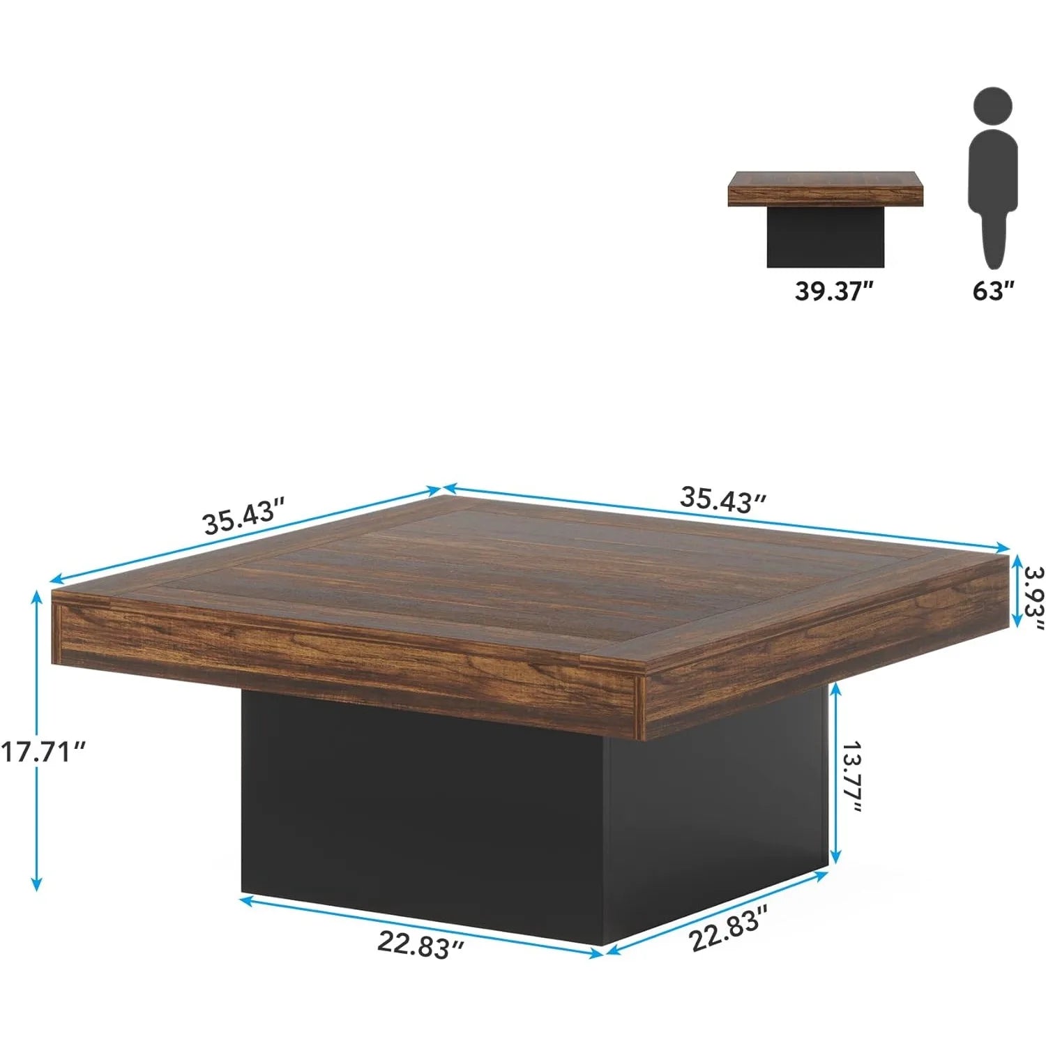 Wooden table with dimensions labeled on a white background