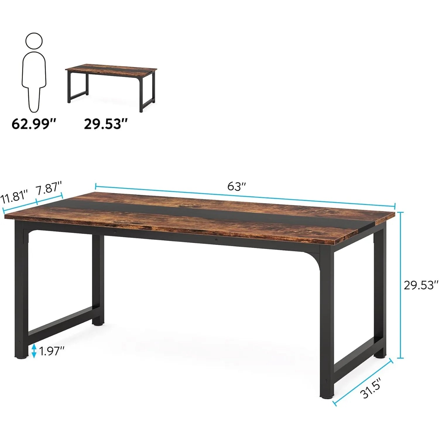 Wooden table with dimensions labeled on a white background
