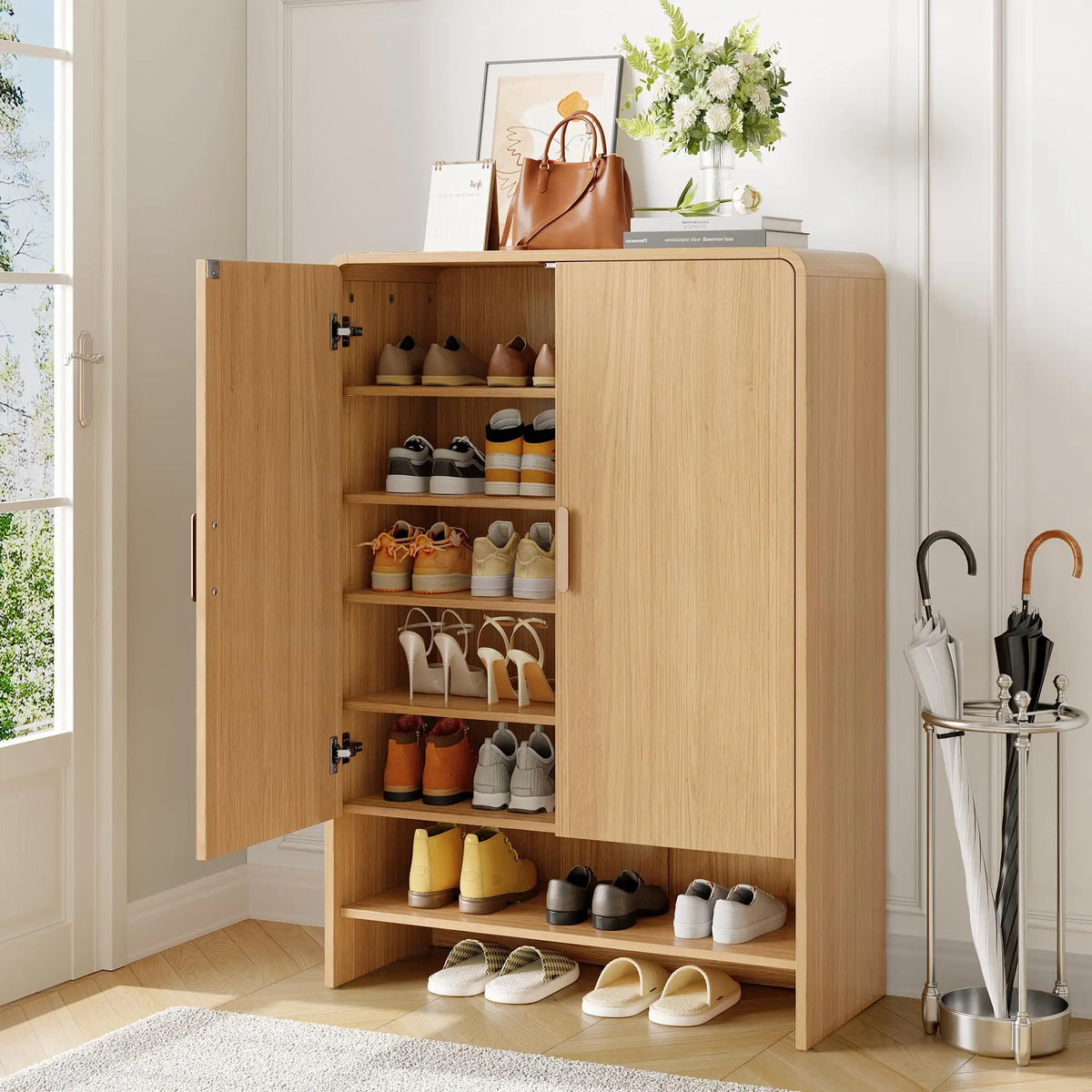 Hushline Oak shoe cabinet with one door open and six shoe-storage levels.