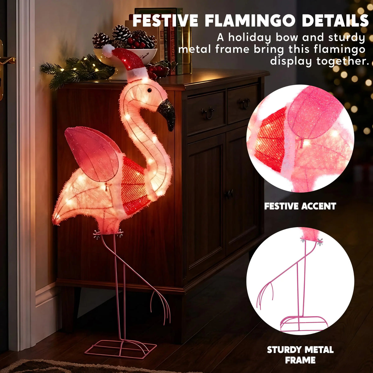 Rosalume indoor flamingo display with a close-up of the rectangular metal support base