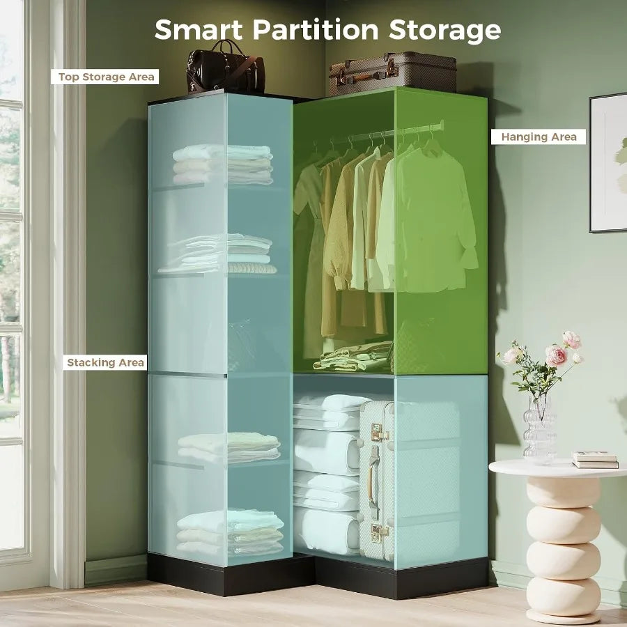 Partitioned storage illustration of the black wardrobe with a right-side hanging area.