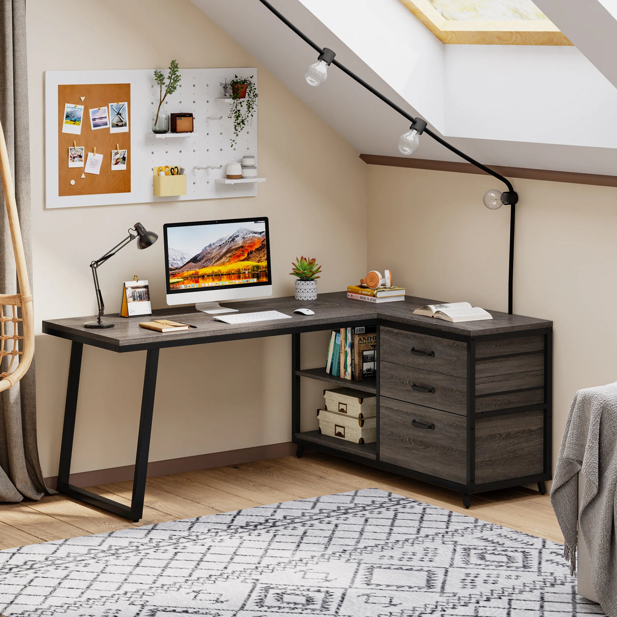 Prismveil gray L-shaped computer desk in a home office