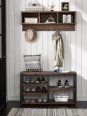 Brown Coat Rack Shoe Bench Set