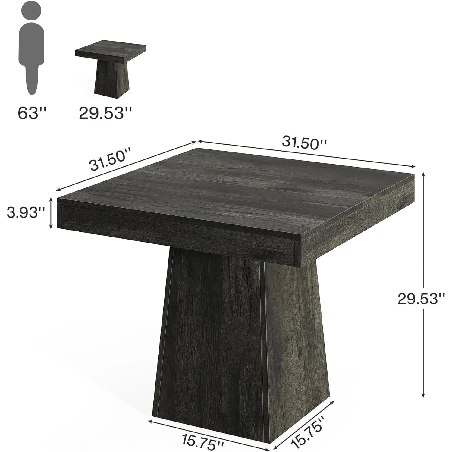 Dark wooden side table with dimensions labeled on a white background