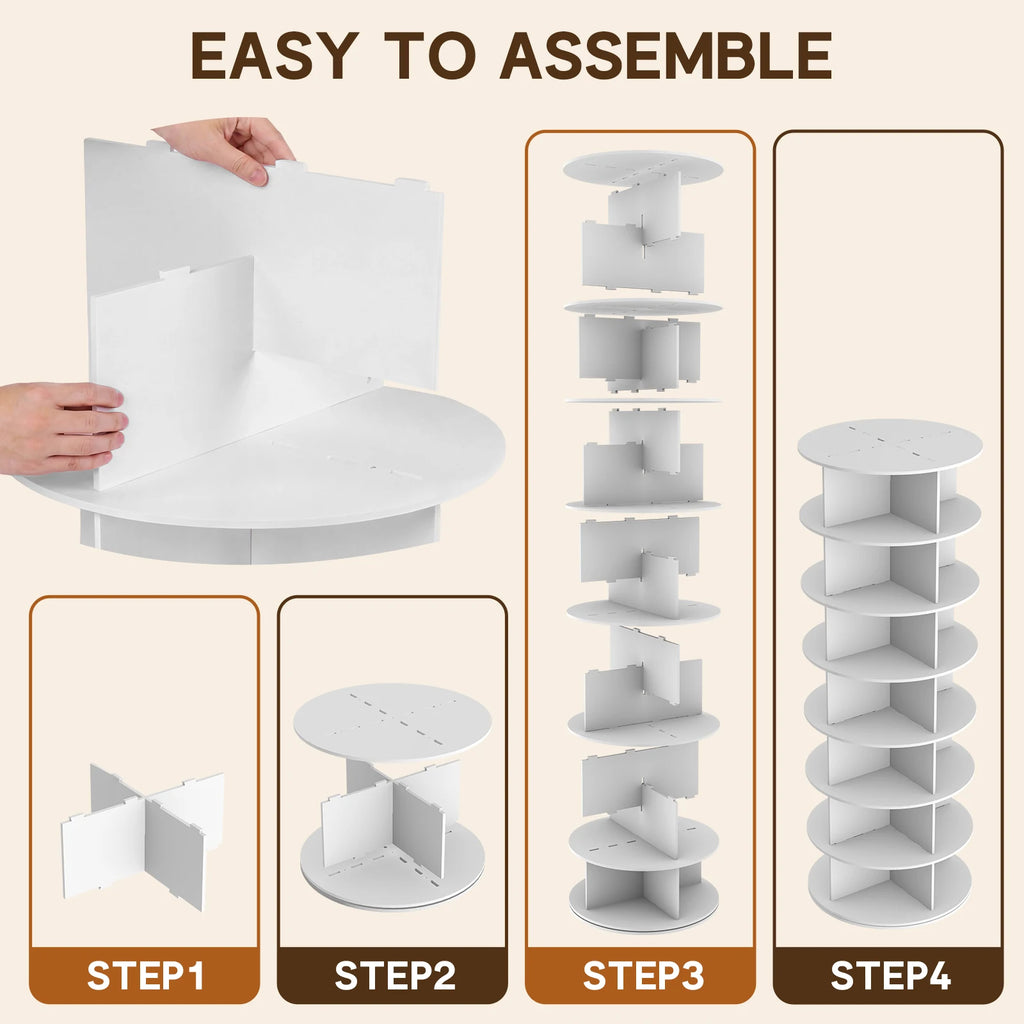 Four-step assembly graphic showing slotted divider panels stacked between circular shelves.