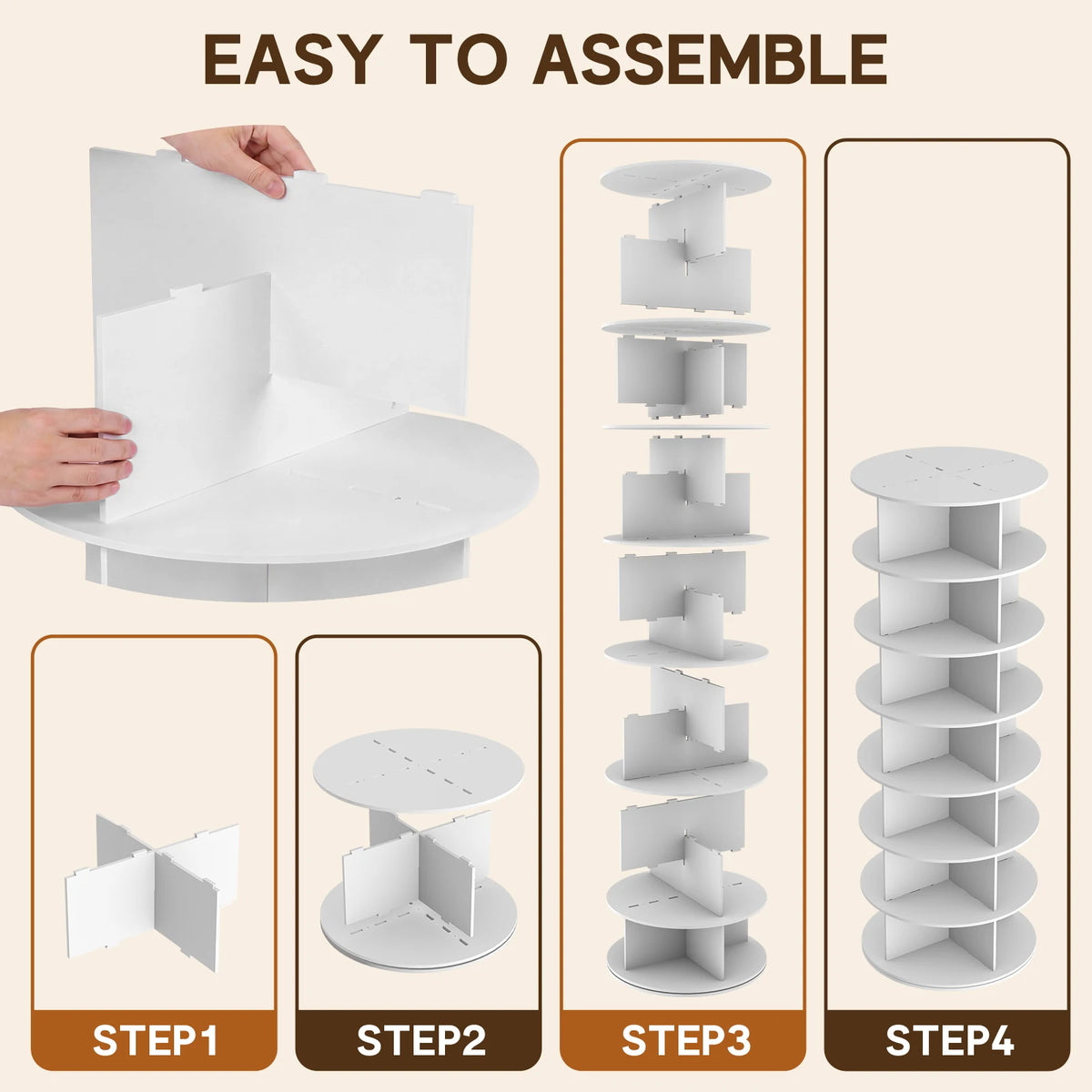 Four-step assembly graphic showing slotted divider panels stacked between circular shelves.