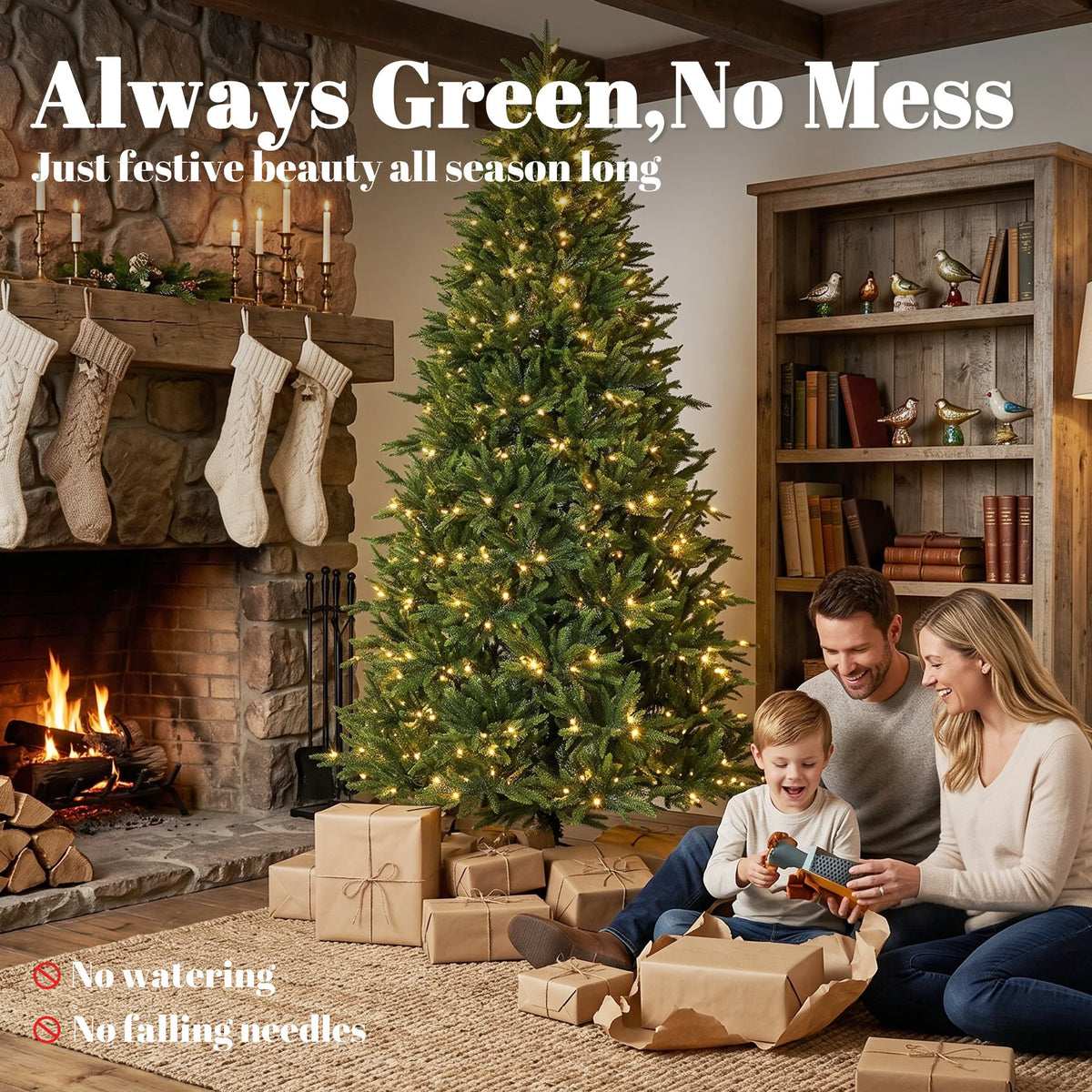 Nordmere realistic PE foliage Christmas tree in a holiday living room