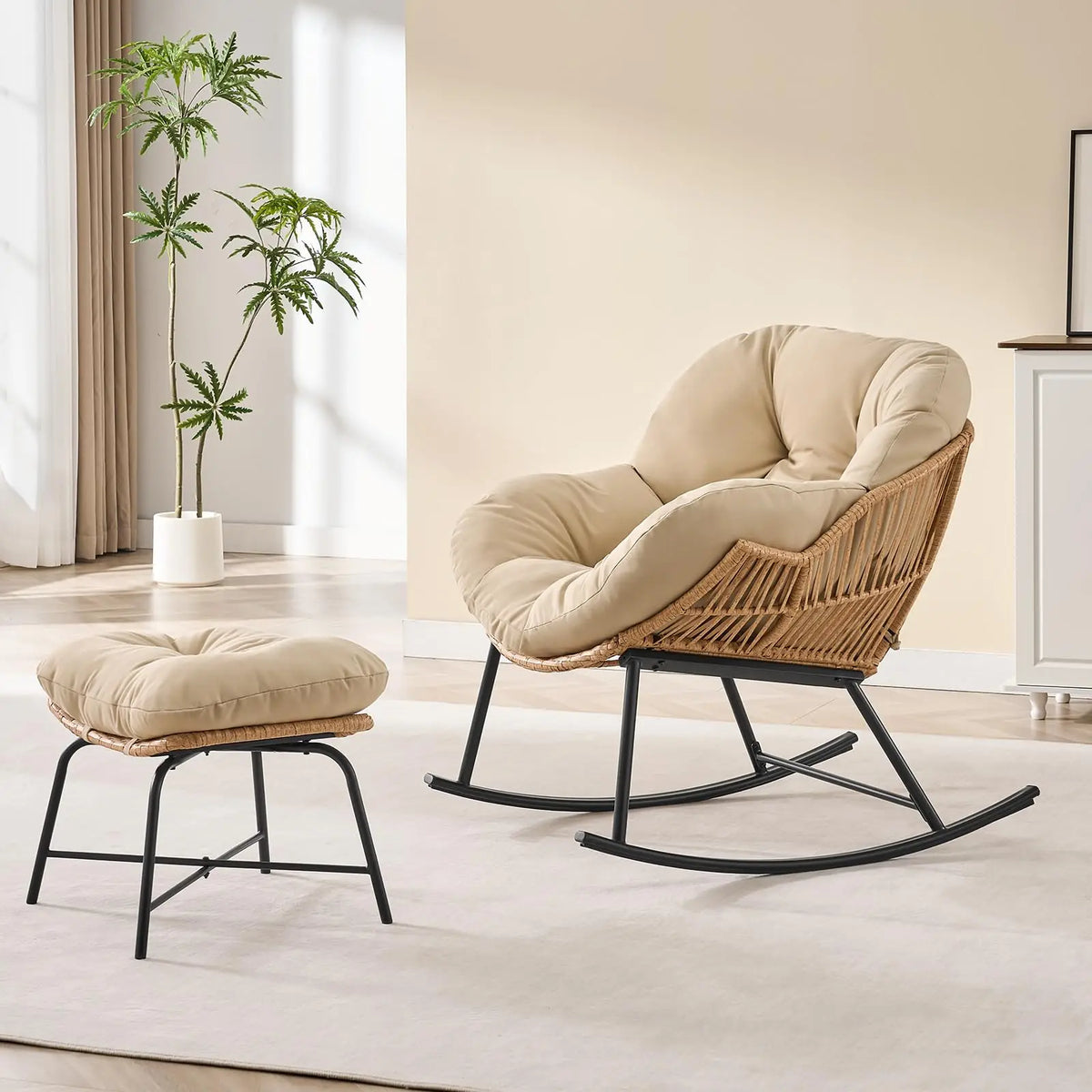 Harper Rattan Papasan Rocking Chair with Ottoman