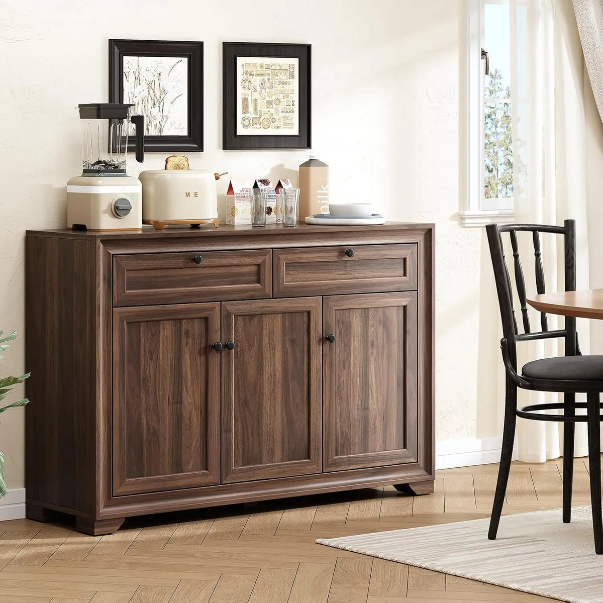 Fablearc sideboard in Olive Brown used as a kitchen storage cabinet.