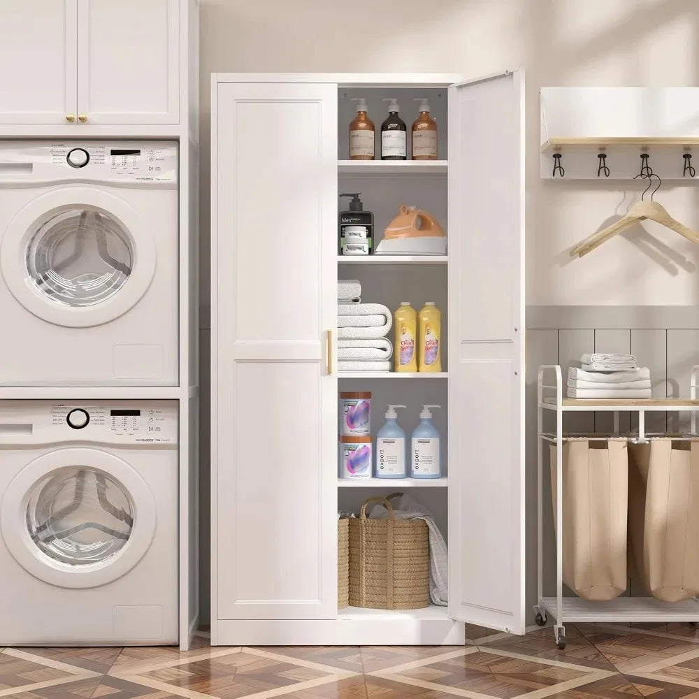 Evrienne White cabinet organizing laundry-room supplies on adjustable shelves