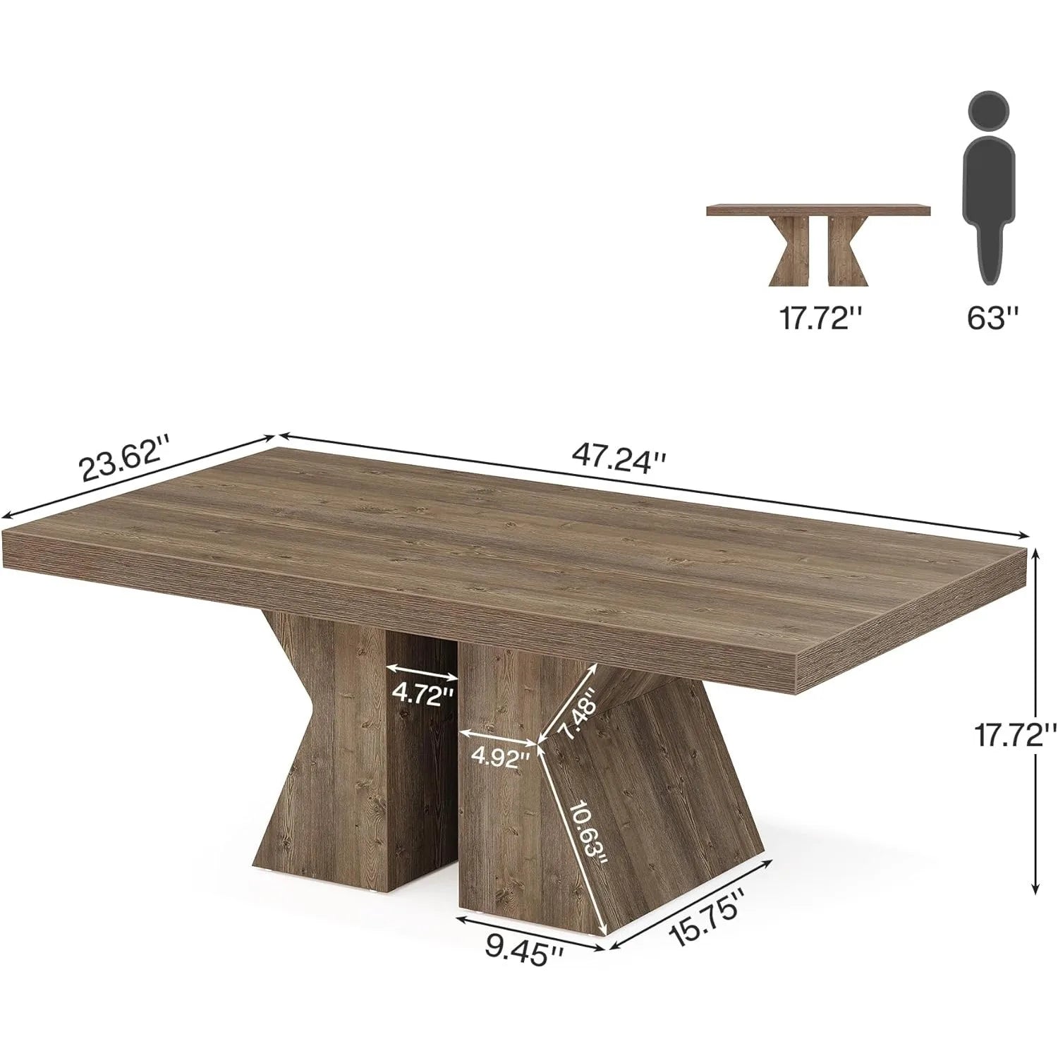 Wooden dining table with dimensions labeled on a white background