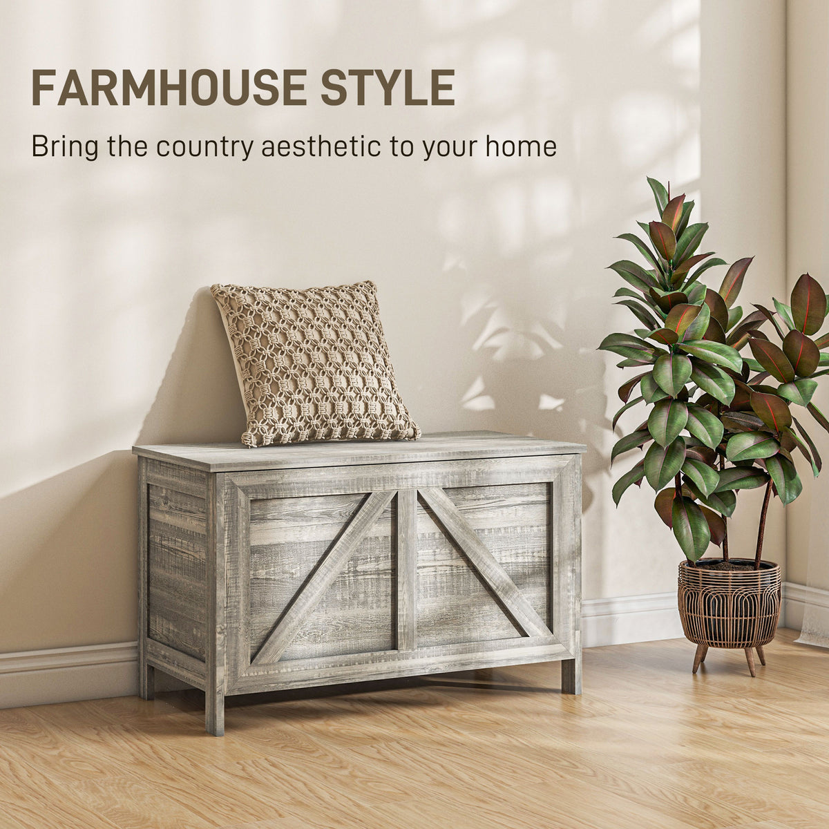 Greywick gray storage bench with decorative cross-brace panels