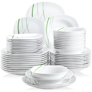 VEWEET Aviva Green Stripe Square Porcelain Dinnerware Set – 24/48 Pieces